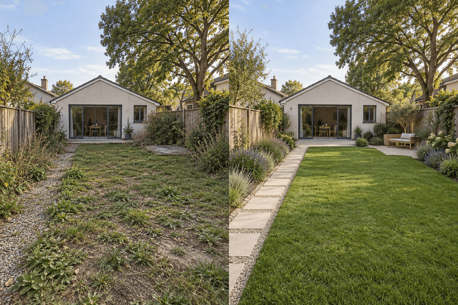 Garden concept after landscaping: fresh lawn, lavender borders, stone path and timber seating